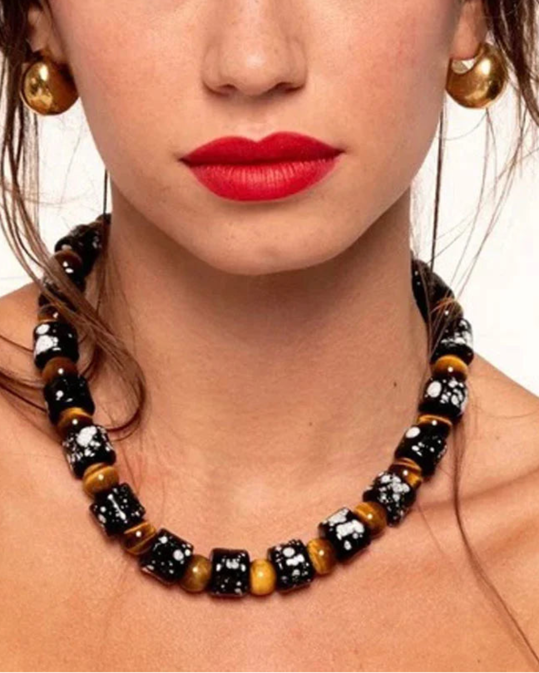 HER NEW TRIBE Stardust & TIgers Eye Sundry Bead Two Necklace on figure front