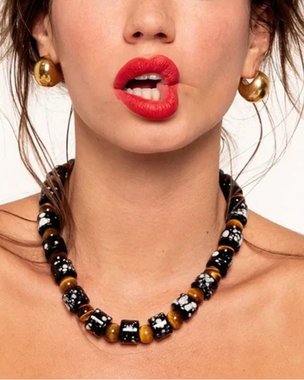 HER NEW TRIBE Stardust & TIgers Eye Sundry Bead Two Necklace on figure front 1