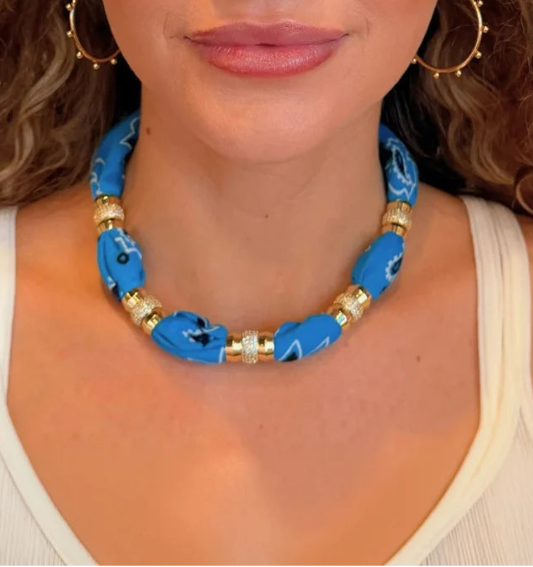 HOLST ND LEE Warm weather bandana necklace teal on figure front