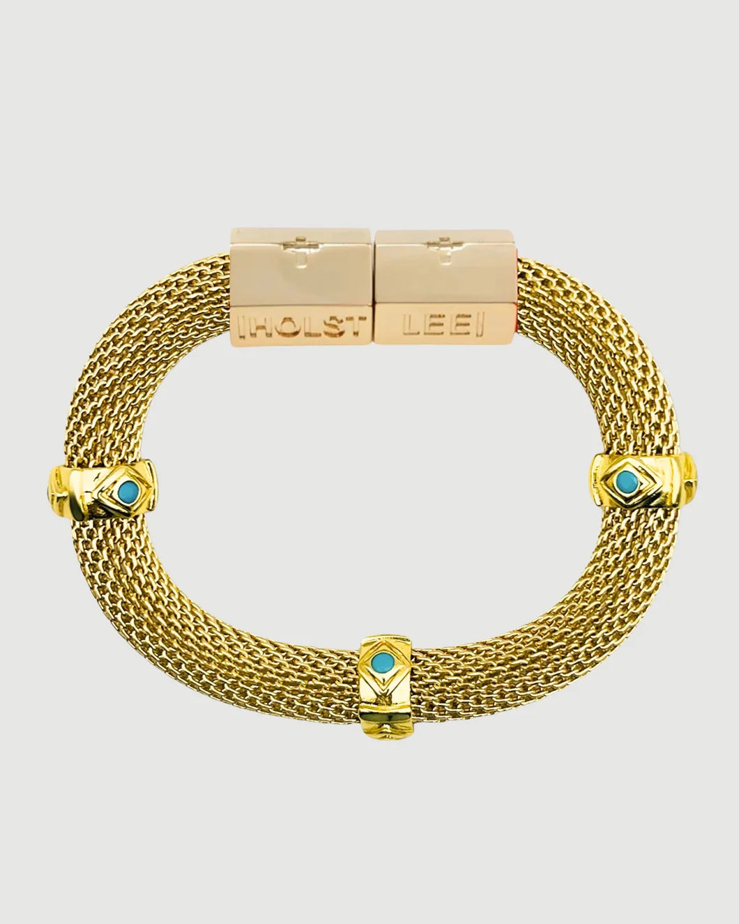 HOLST + LEE classic mesh bracelet gold with turquoise isolated