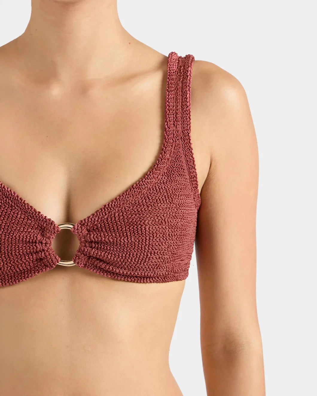 HUNZA G Julia BIkini Metallic Rosewood on figure front detail on figure right
