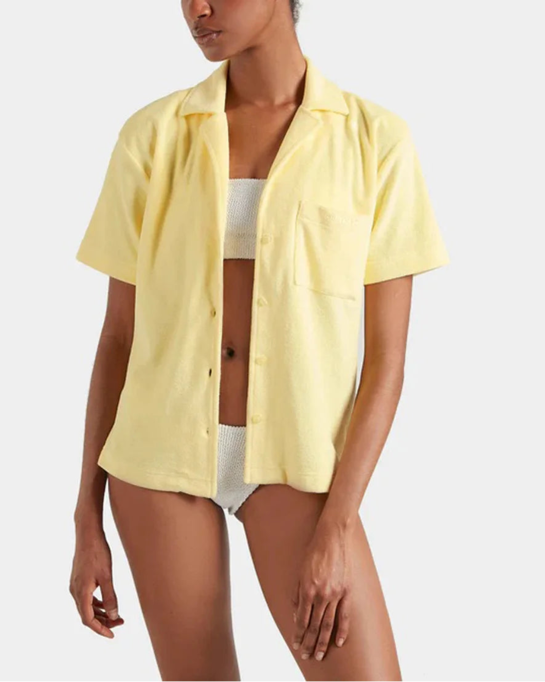 HUNZA G Terry Towelling Cuban Shirt Butter on figure front