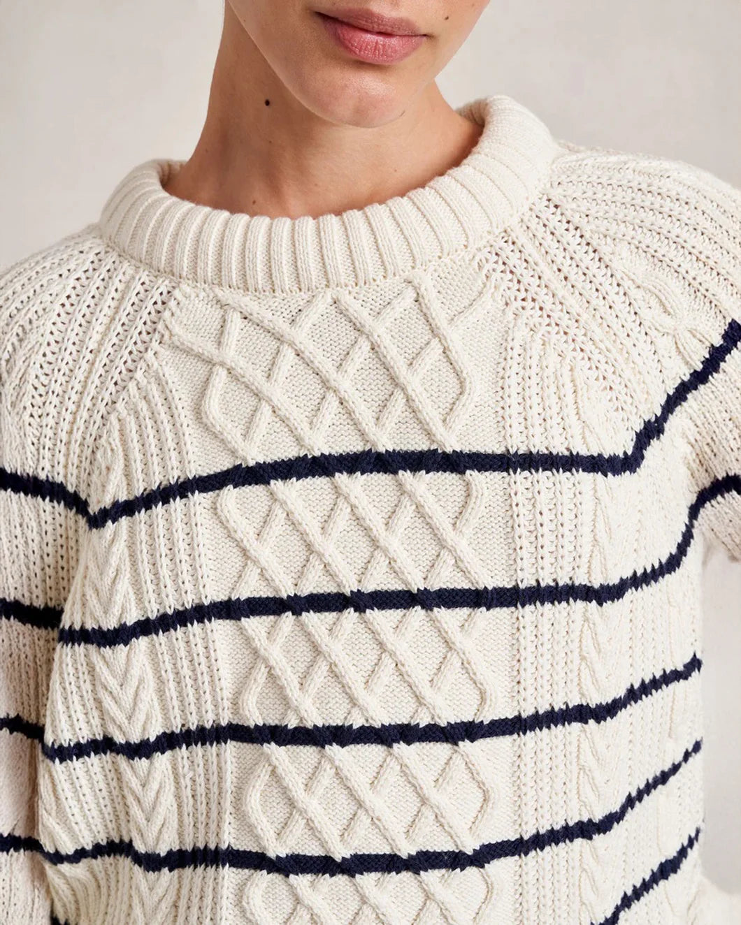 LA LIGNE Angus Sweater Cream/Navy on figure front detail