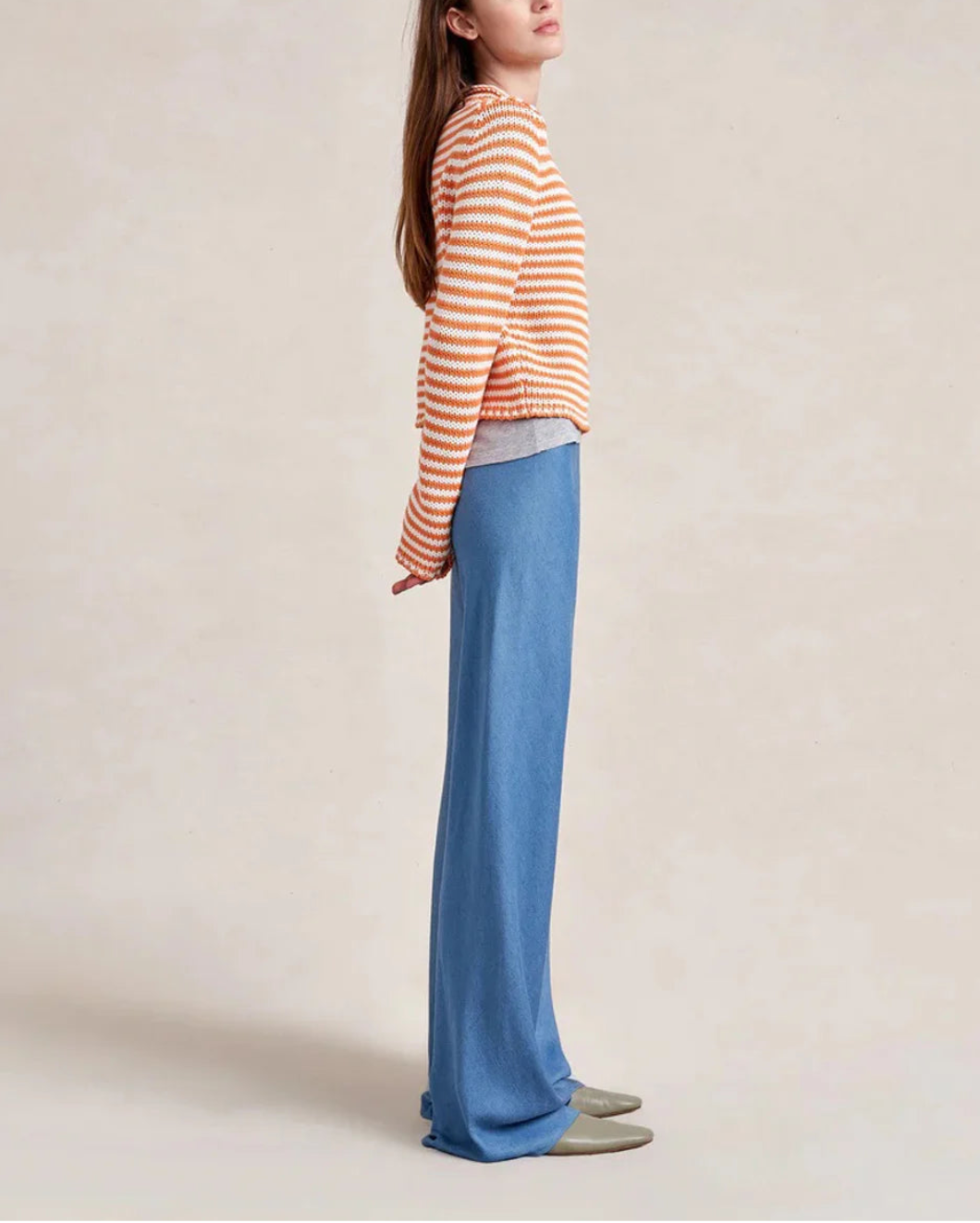 LA LIGNE Fine Stripe Mini Marina Sweater Apricot on figure side 1