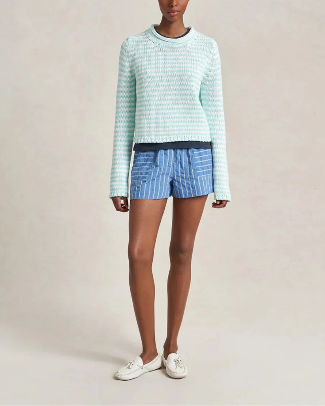 LA LIGNE Fine Stripe Mini Marina Sweater Aqua/Ivory on figure front