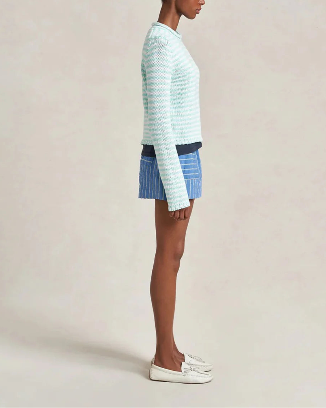 LA LIGNE Fine Stripe Mini Marina Sweater Aqua/Ivory on figure side