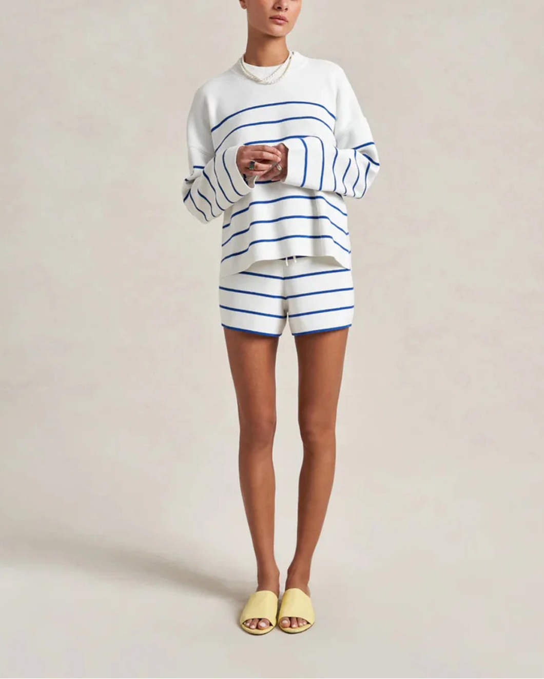 LA LIGNE Leo Sweater Cream/Cobalt on figure front 1