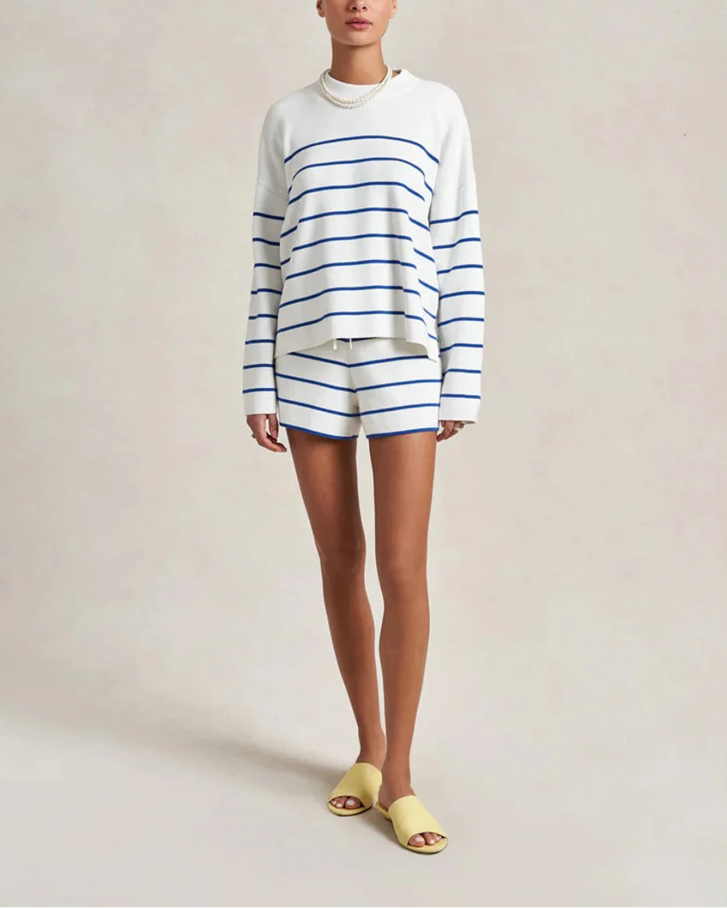 LA LIGNE Leo Sweater Cream/Cobalt on figure front