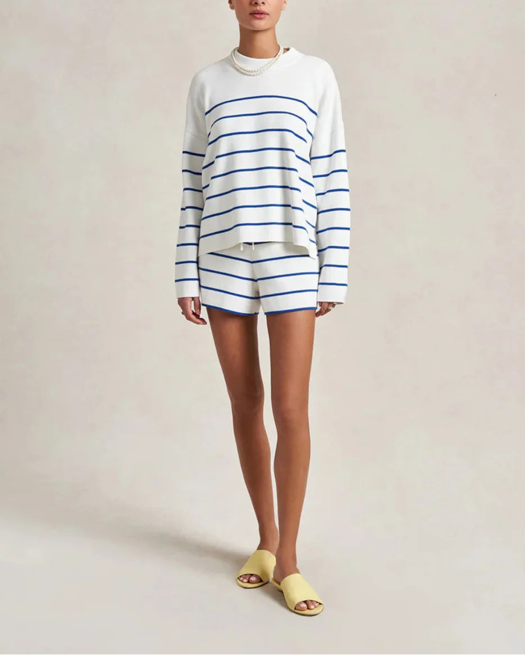 LA LIGNE Leo shorts Cream/Cobalt on figure front 2