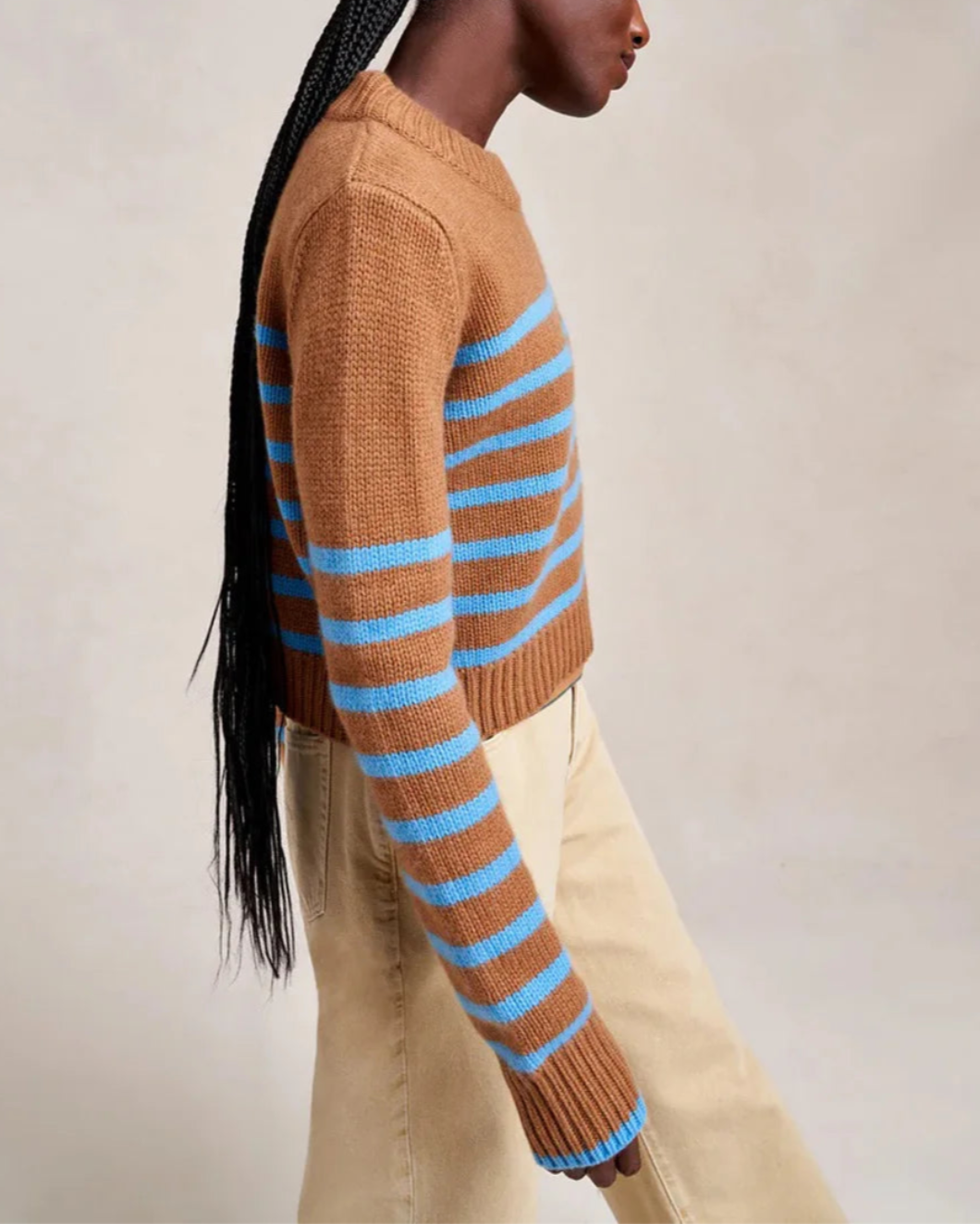 LA LIGNE Mini Marin Sweater Camel/Cerulean on figure side
