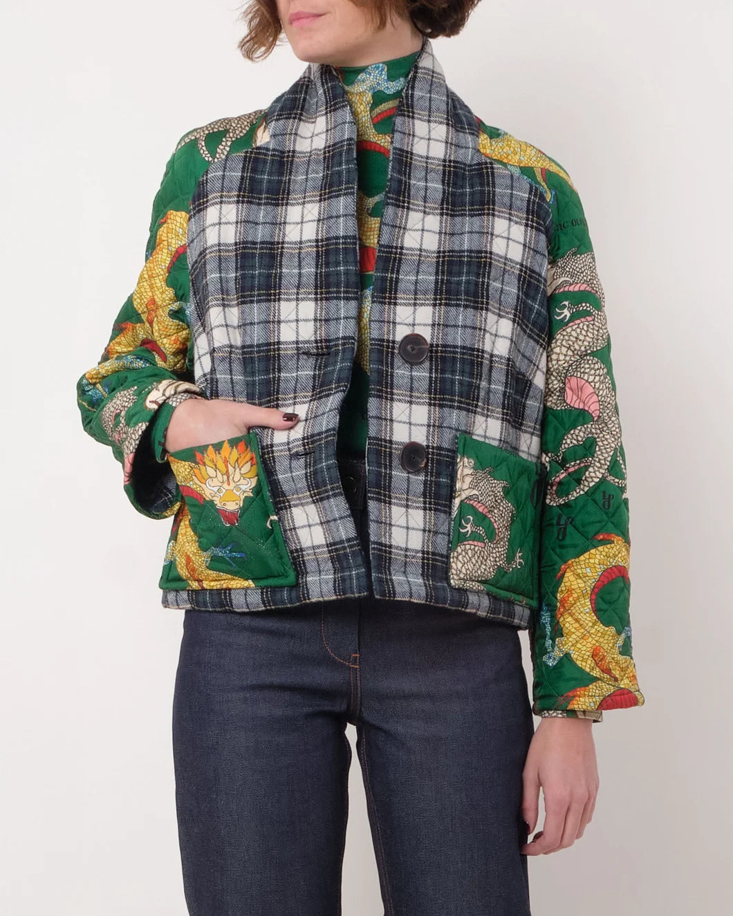 LA PRESTIC OUISTON mini mela jacket tartan dragon on figure front