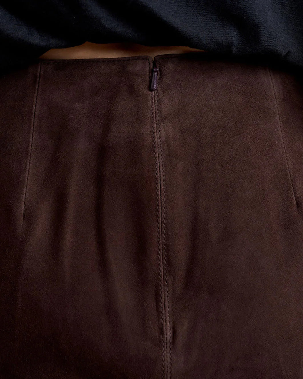 LA LIGNE Suede Vega Skirt chocolate on figure back detail