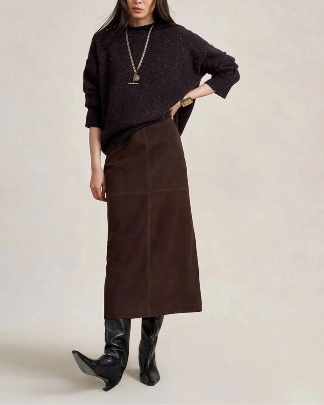 LA LIGNE Suede Vega Skirt chocolate on figure front 1