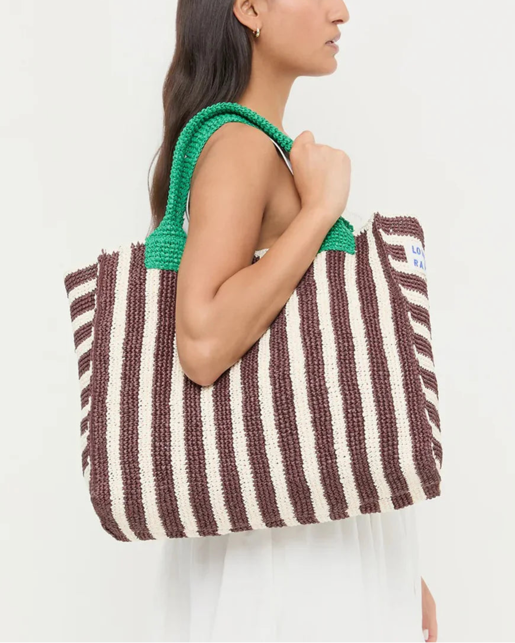LOEFFLER RANDALL Sol Crochet Beach Tote Green/Brown/White on figure front