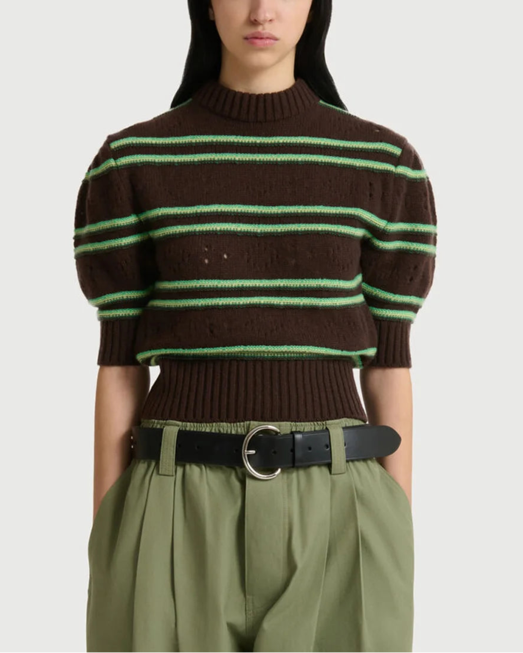 MARNI cashmere stripe roundneck sweater brown on figure front