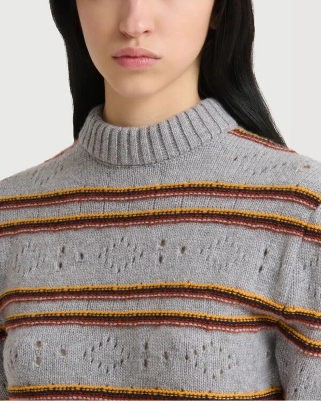 MARNI cashmere stripe roundneck sweater gray on figure detail