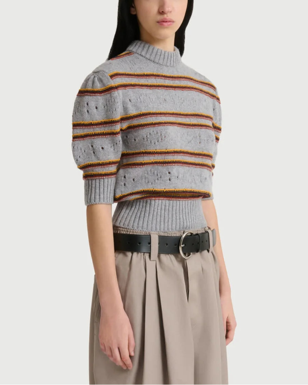 MARNI cashmere stripe roundneck sweater gray on figure side