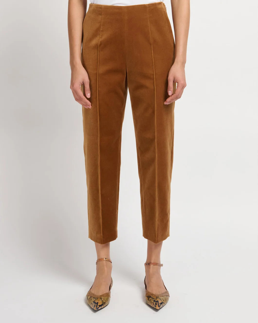 MARNI cotton velvet straight leg pants caramel on figure front