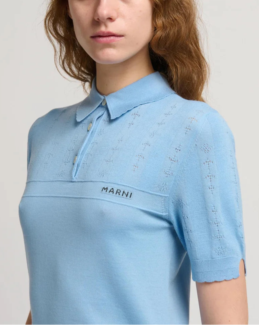 MARNI pointelle short sleeve polo blue on figure front detail