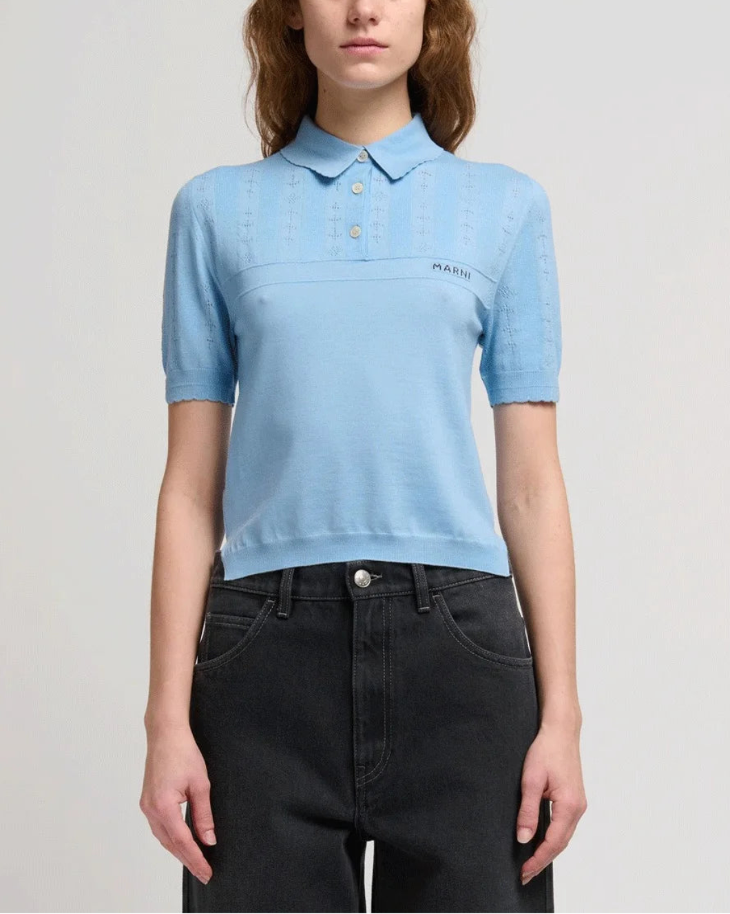 MARNI pointelle short sleeve polo blue on figure front