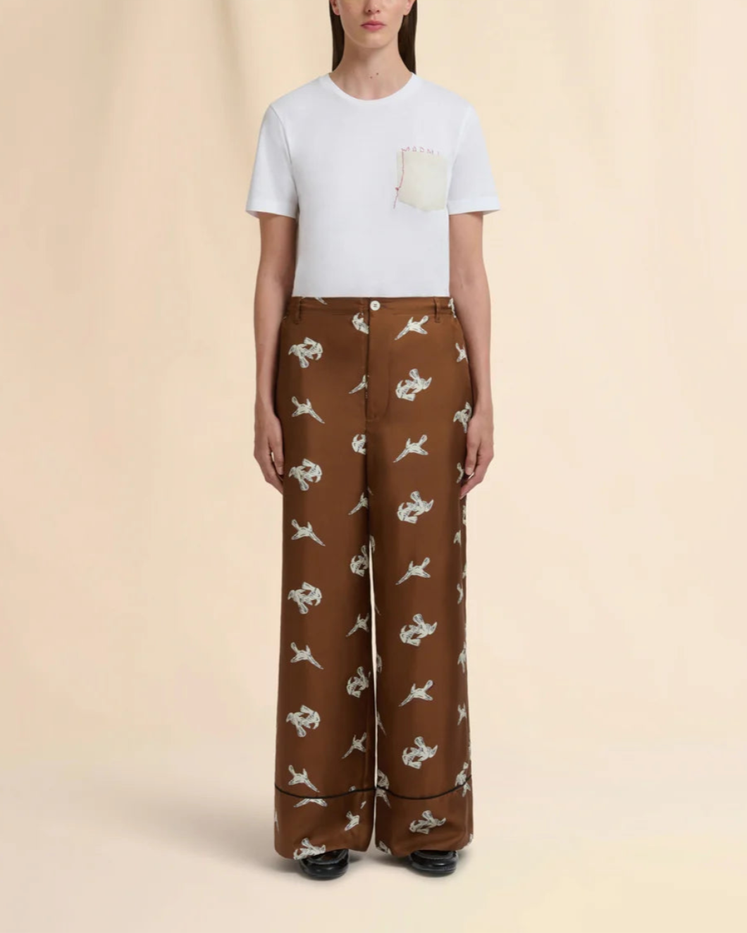 MARNI raven print wide leg trousers brown on figure front