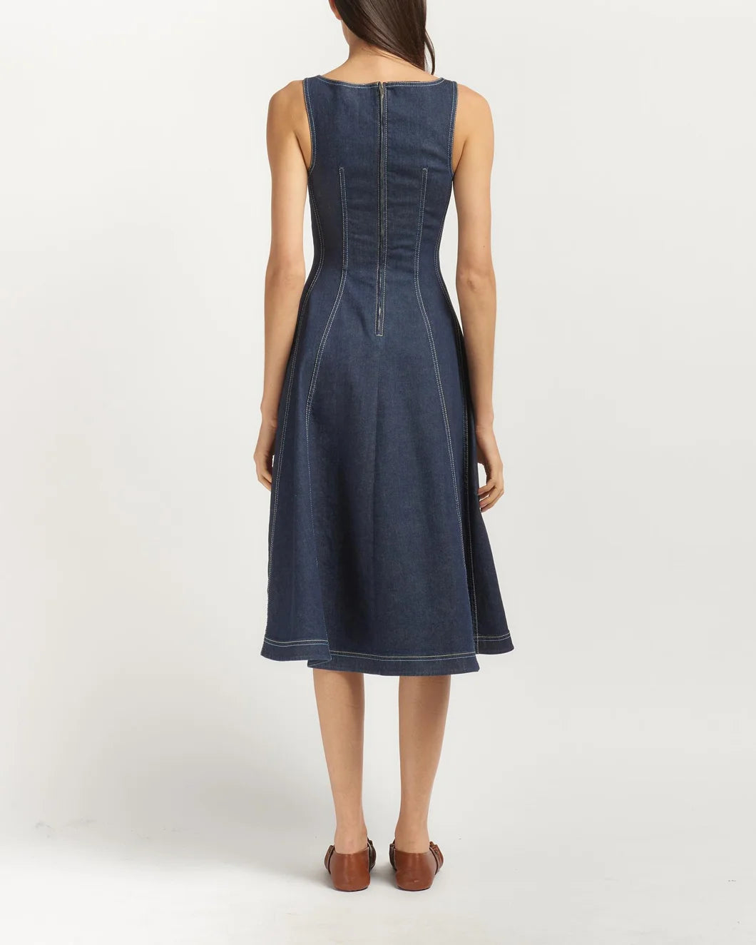 MARNI stretch denim midi balloon dress dark wash on figure back