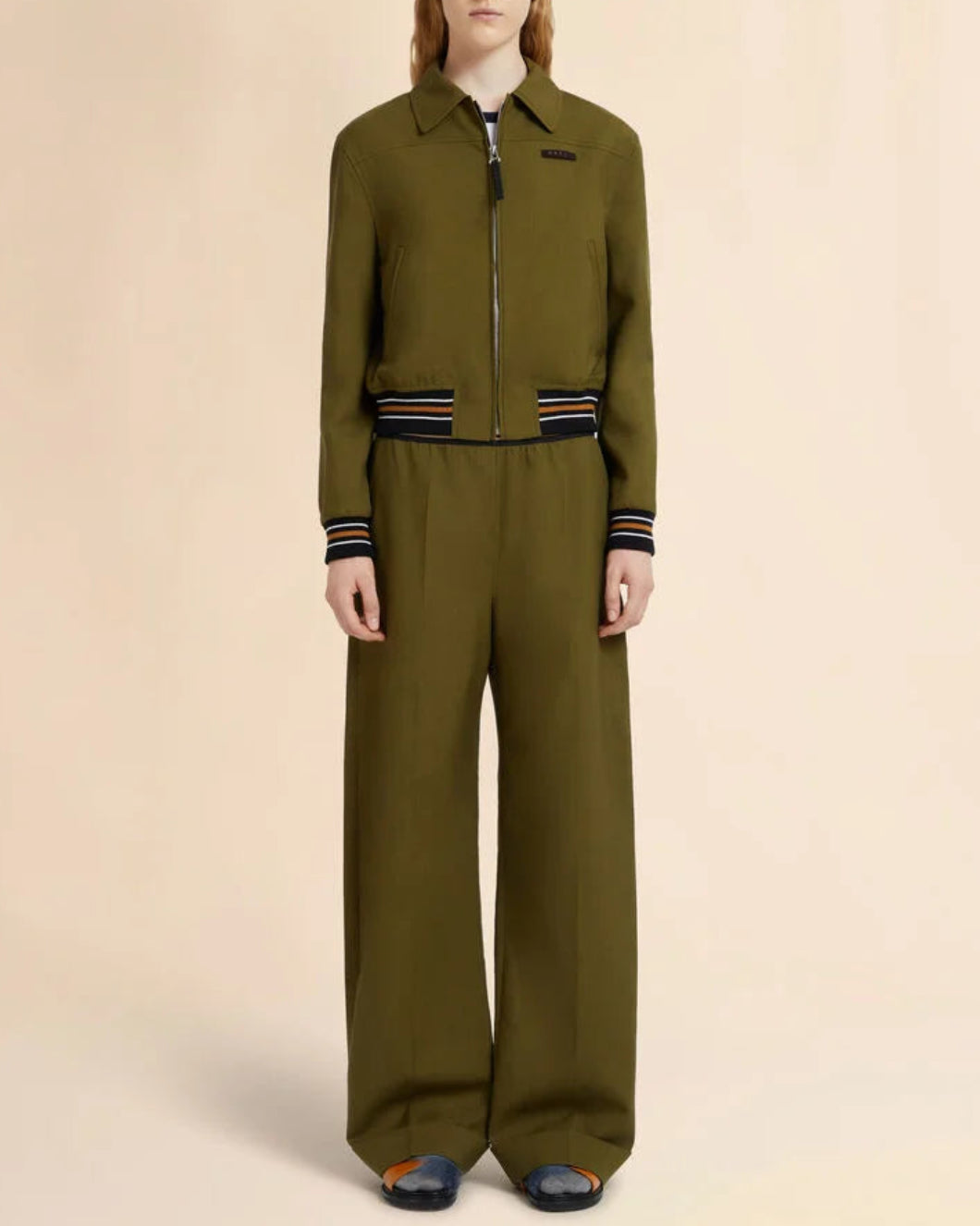 MARNI Green Tropical Wool Bomber Jacket Dusty Olive On Fig Front