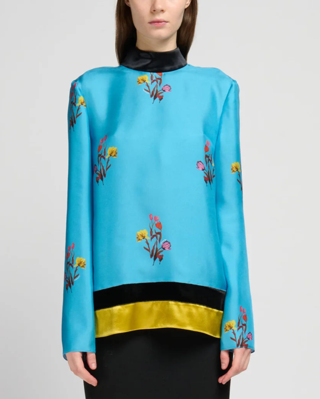 MARNI Tulip silk twill printed top blue on figure front