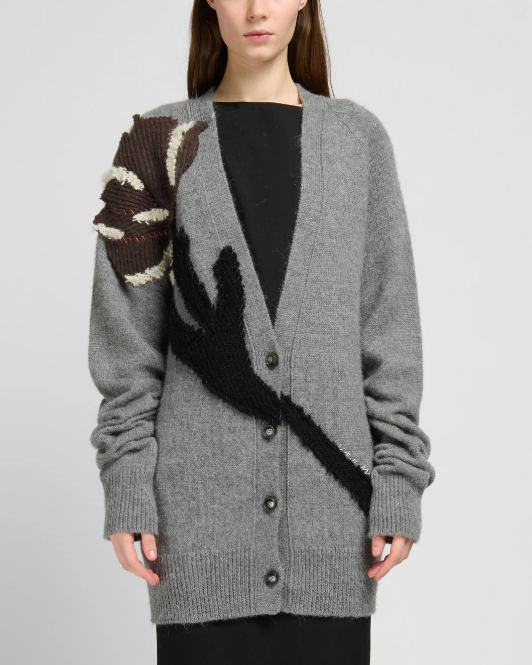 MARNI alpaca wool cardigan flower patch gray on figure front