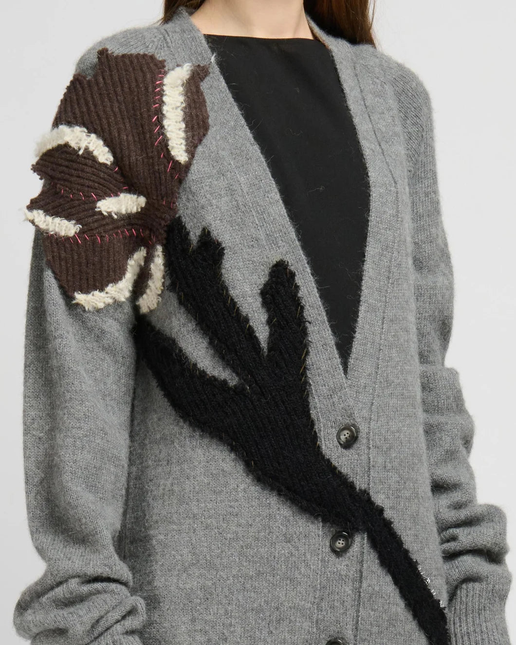 MARNI alpaca wool cardigan flower patch gray on figure side detail