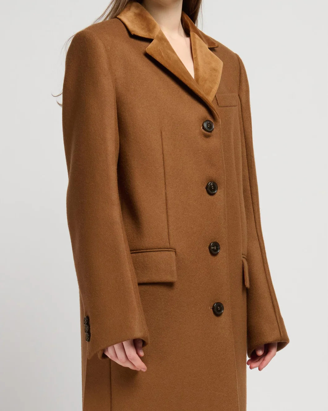MARNI wool felt coat velvet details brown on figure side