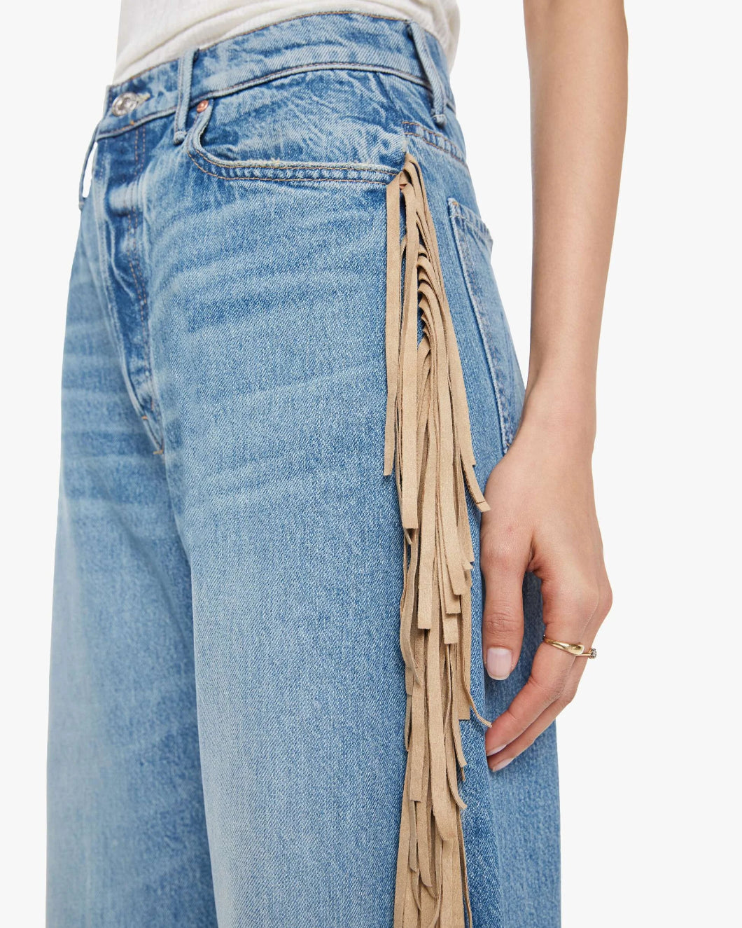 MOTHER DENIM fringe half pipe button sneak on figure detail