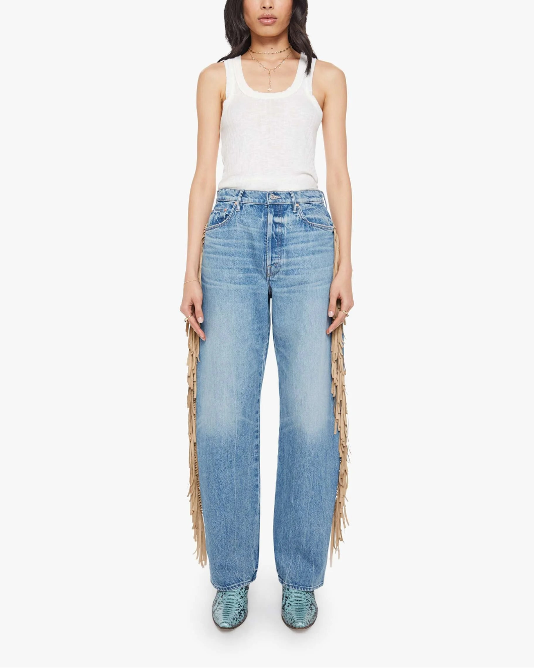 MOTHER DENIM fringe half pipe button sneak on figure front