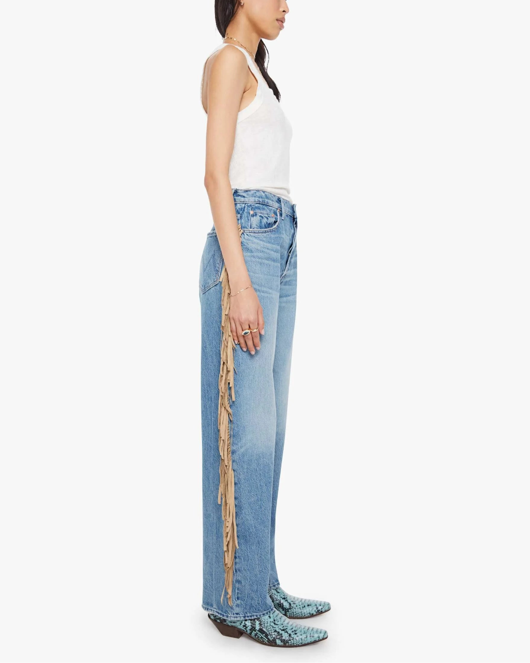 MOTHER DENIM fringe half pipe button sneak on figure side