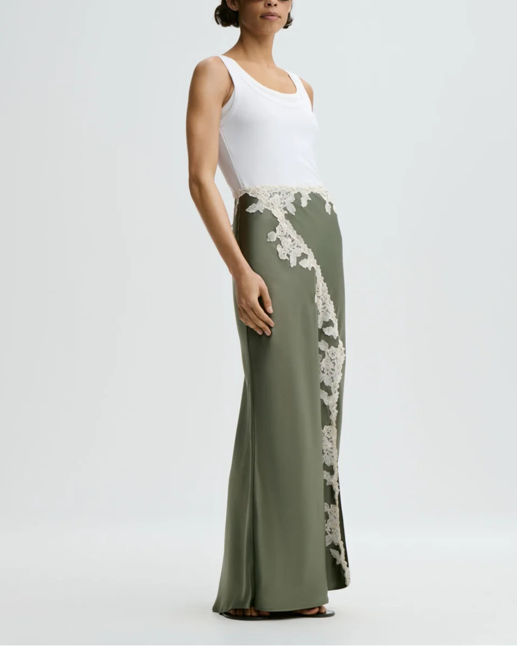 Malene Birger Erika maxi skirt deep lechen green on figure front
