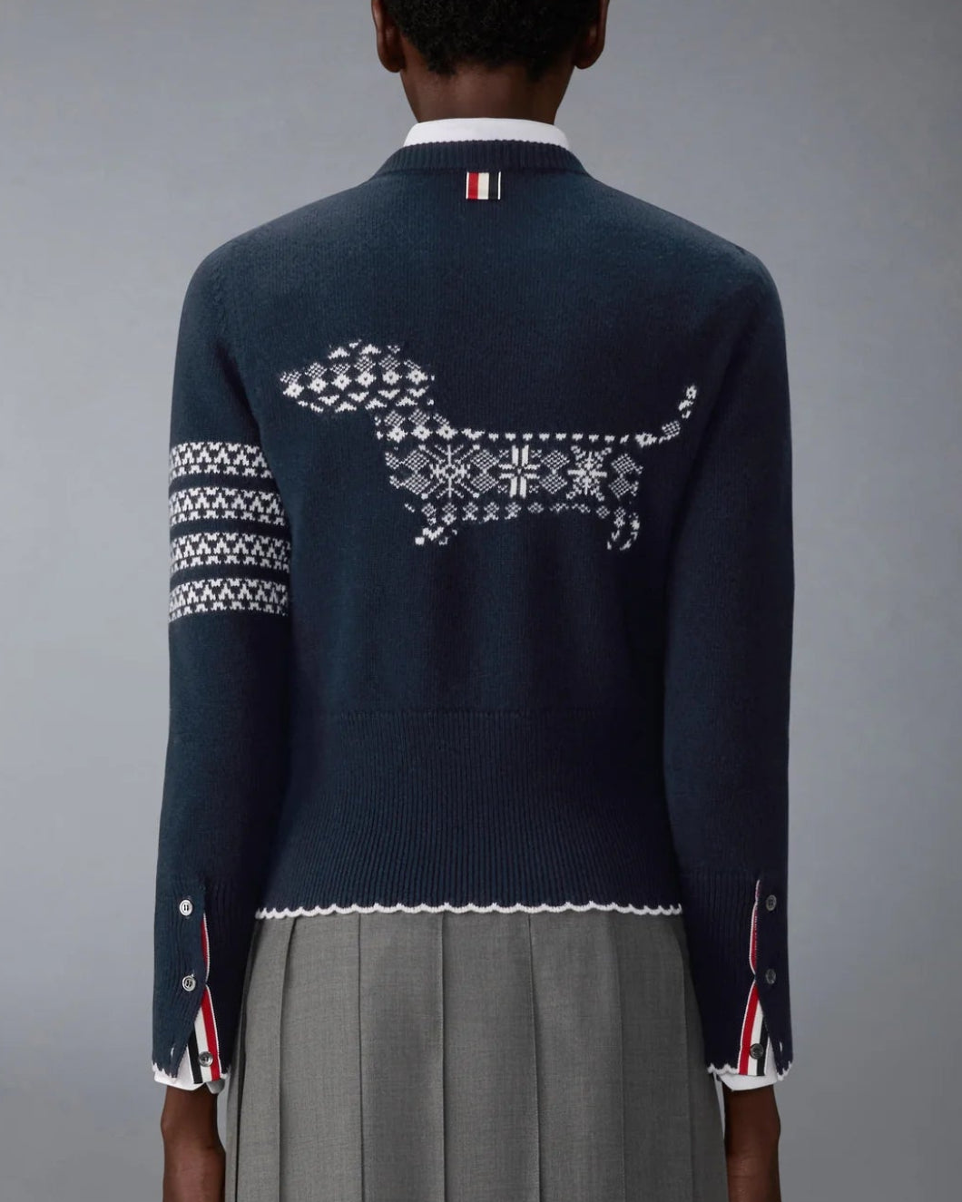 THOM BROWNE Merino Wool Holiday Hector Pullover Navy On Fig Back