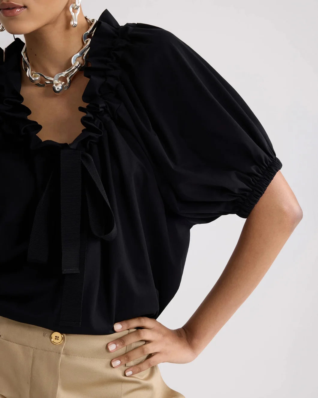 PATOU Drawstring T-Shirt in Organic Cotton black on figure front 2