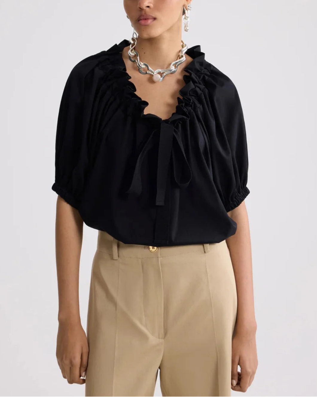 PATOU Drawstring T-Shirt in Organic Cotton black on figure front 1