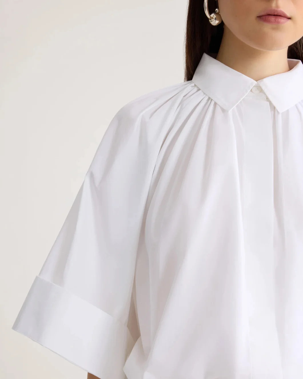 PATOU Organic Cotton Voluminous Short-Sleeved Blouse white on figure front detail