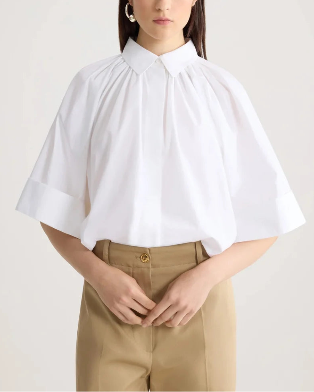 PATOU Organic Cotton Voluminous Short-Sleeved Blouse white on figure front 1