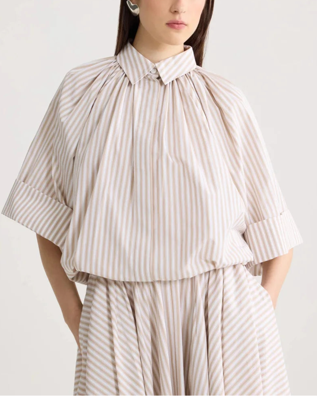 PATOU Organic Cotton Voluminous Short-Sleeved Striped Blouse on figure front 1