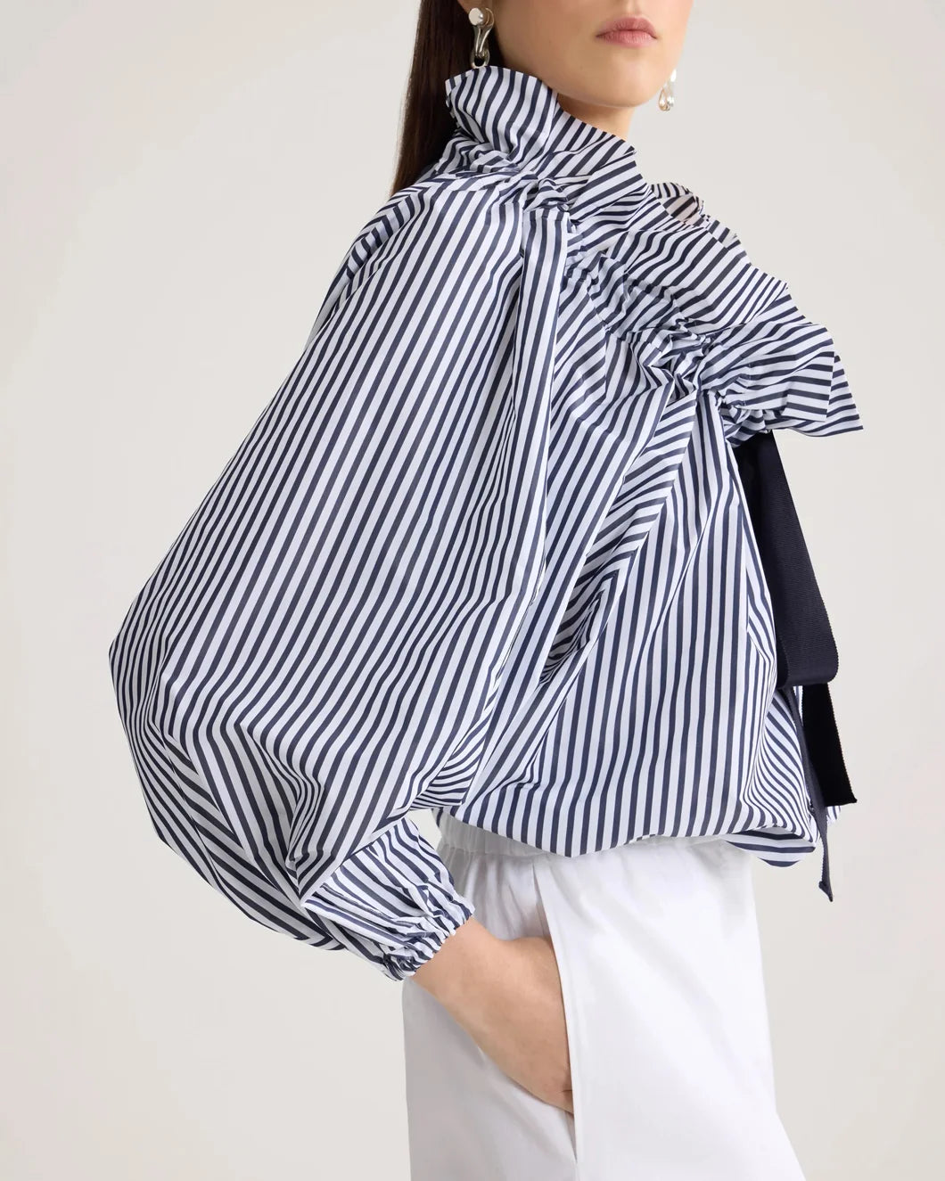 PATOU Recycled Faille Long Sleeve Crop Top offshore stripes on figure side