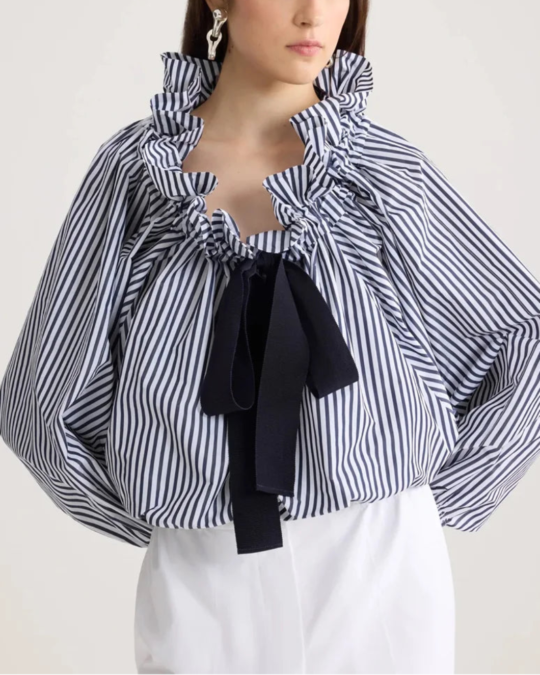 PATOU Recycled Faille Long Sleeve Crop Top offshore stripes on figure front 1