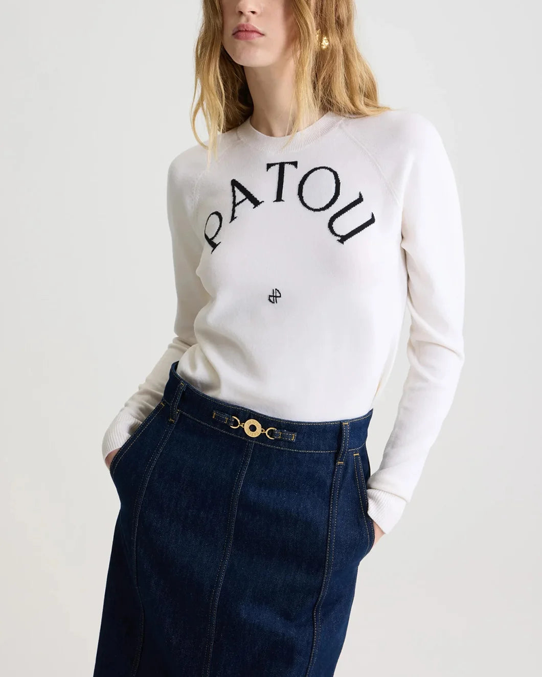 patou white wool blend long sleeve jumper sweater on model front view