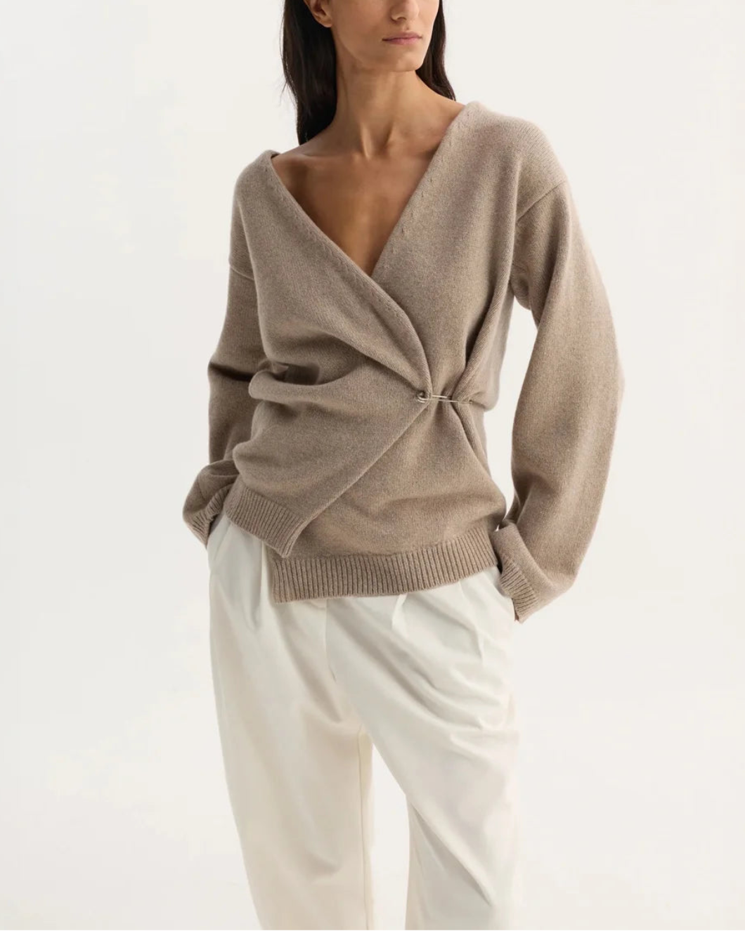 ROHE off shoulder wrap cardigan taupe on figure front