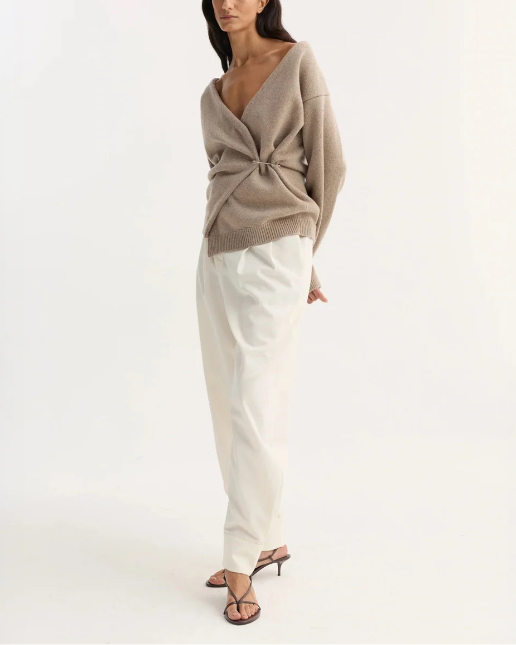 ROHE off shoulder wrap cardigan taupe on figure side