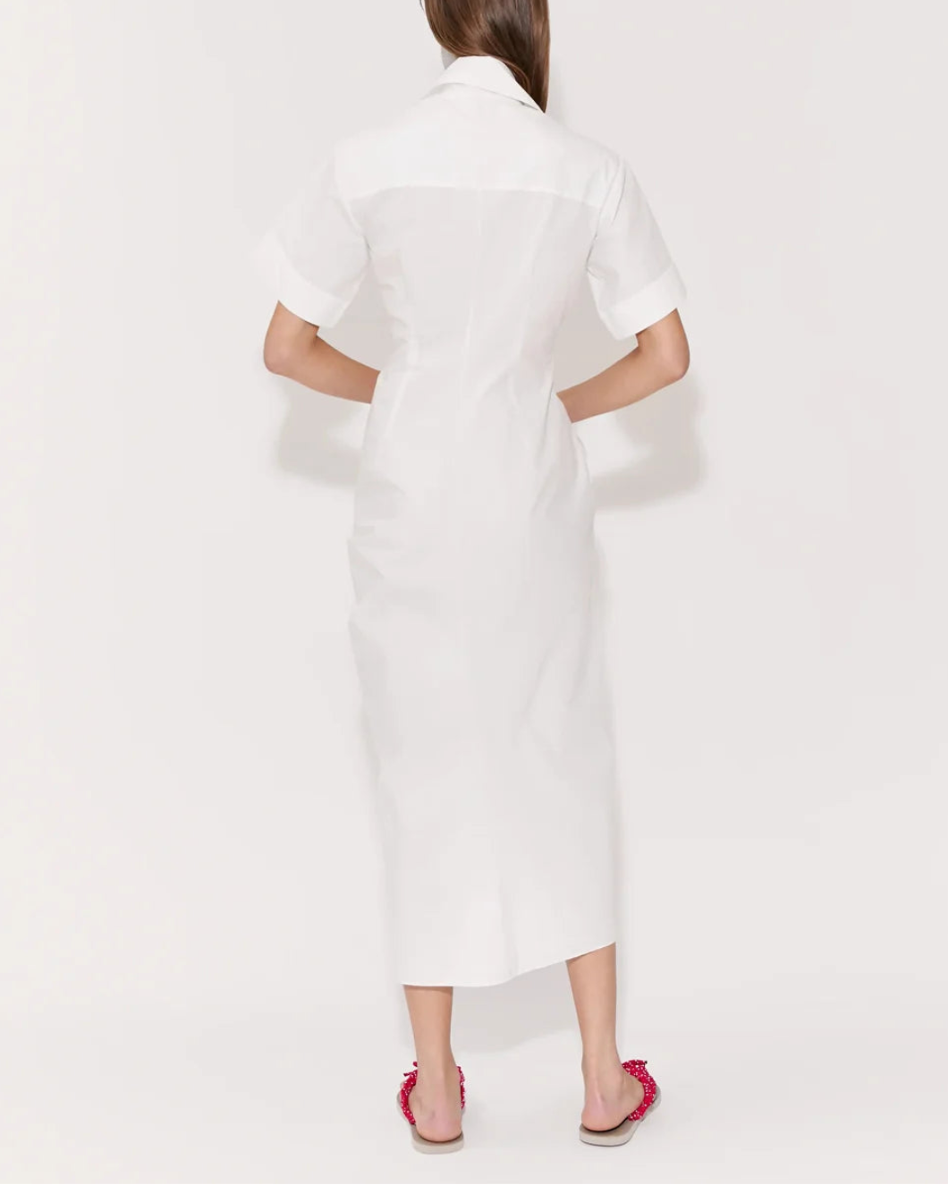 ROSIE ASSOULIN gathered ruffle shirt dress white on figure back