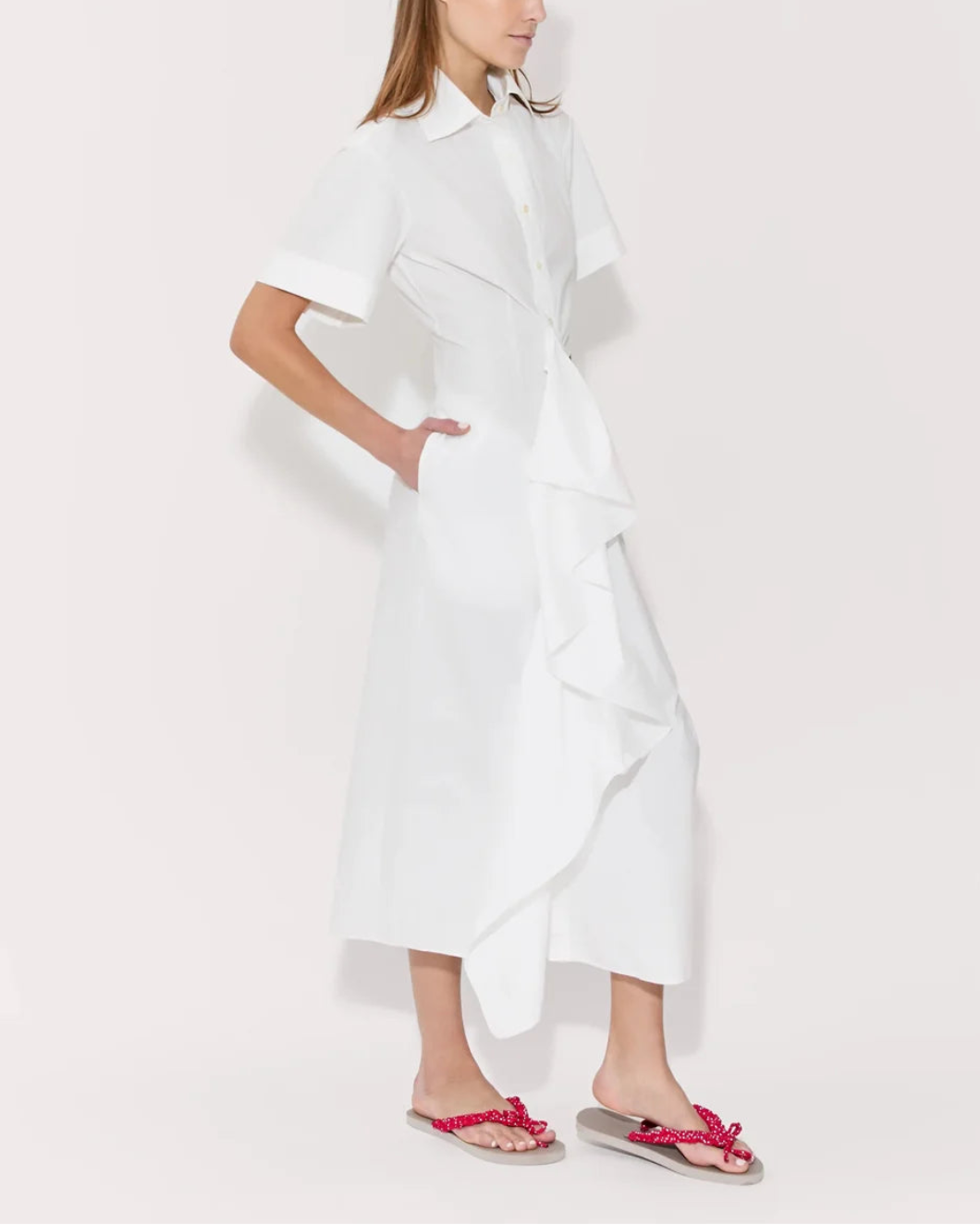 ROSIE ASSOULIN gathered ruffle shirt dress white on figure side