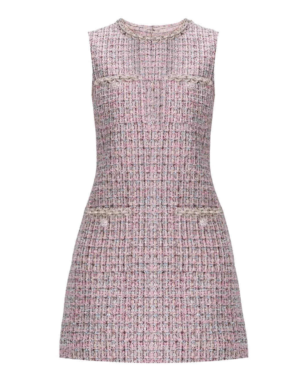 SELF PORTRAIT boucle sleeveless mini dress pink front isolated