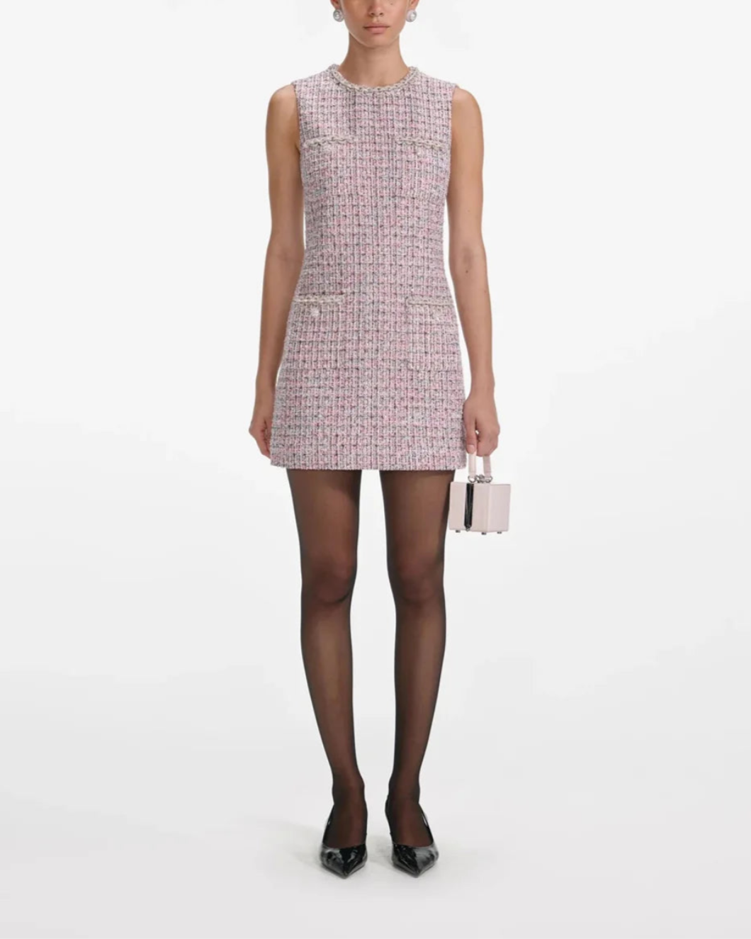 SELF PORTRAIT boucle sleeveless mini dress pink on figure front